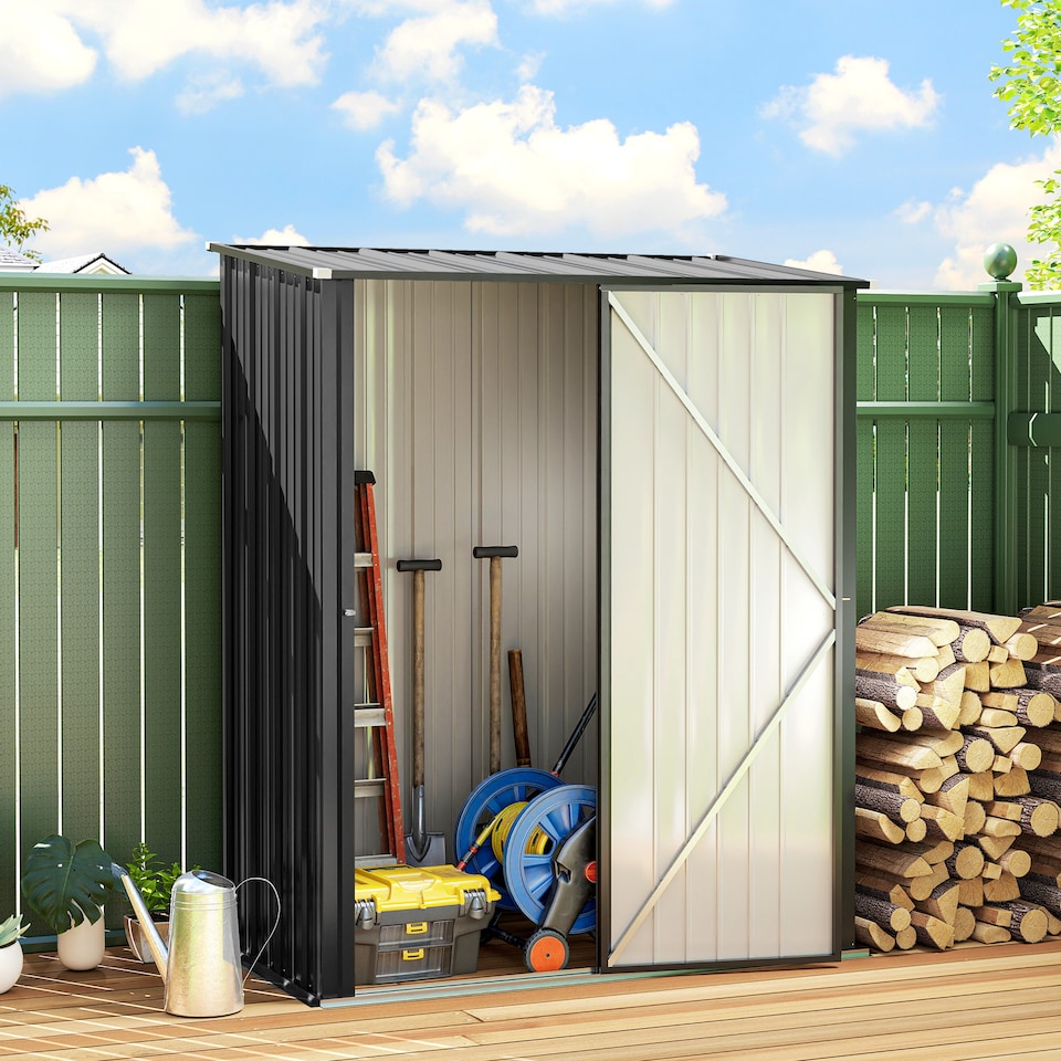 image 1 of Outsunny 5ft x 3ft Lean to Garden Shed, Metal Outdoor Storage Shed with Single Lockable Door, Tool Storage Shed for Garden, Patio, Black