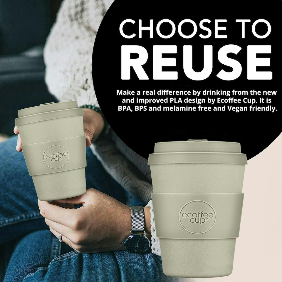 image 1 of Ecoffee Cup 8oz 240ml Reusable Eco-Friendly 100% Plant Based Coffee Cup with Silicone Lid & Sleeve - Melamine Free Travel Mug N/A | Molto Grigio