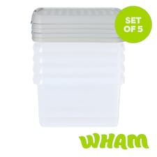 Wham Clip 5x 9L Square Plastic Storage Boxes with Clip Lock Lids. Ideal for Home, Office, Toys & More - Clear/Stone | Cream | Stone | 5