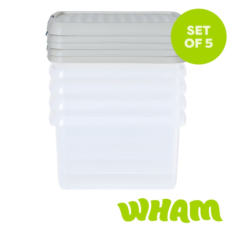 image 1 of Wham Clip 5x 9L Square Plastic Storage Boxes with Clip Lock Lids. Ideal for Home, Office, Toys & More - Clear/Stone | Cream | Stone | 5