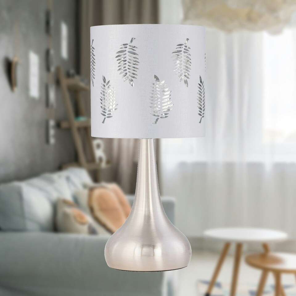 image 1 of Set of 2 Romana - Brushed Chrome Touch Lamps with White Fern Shades Silver | White