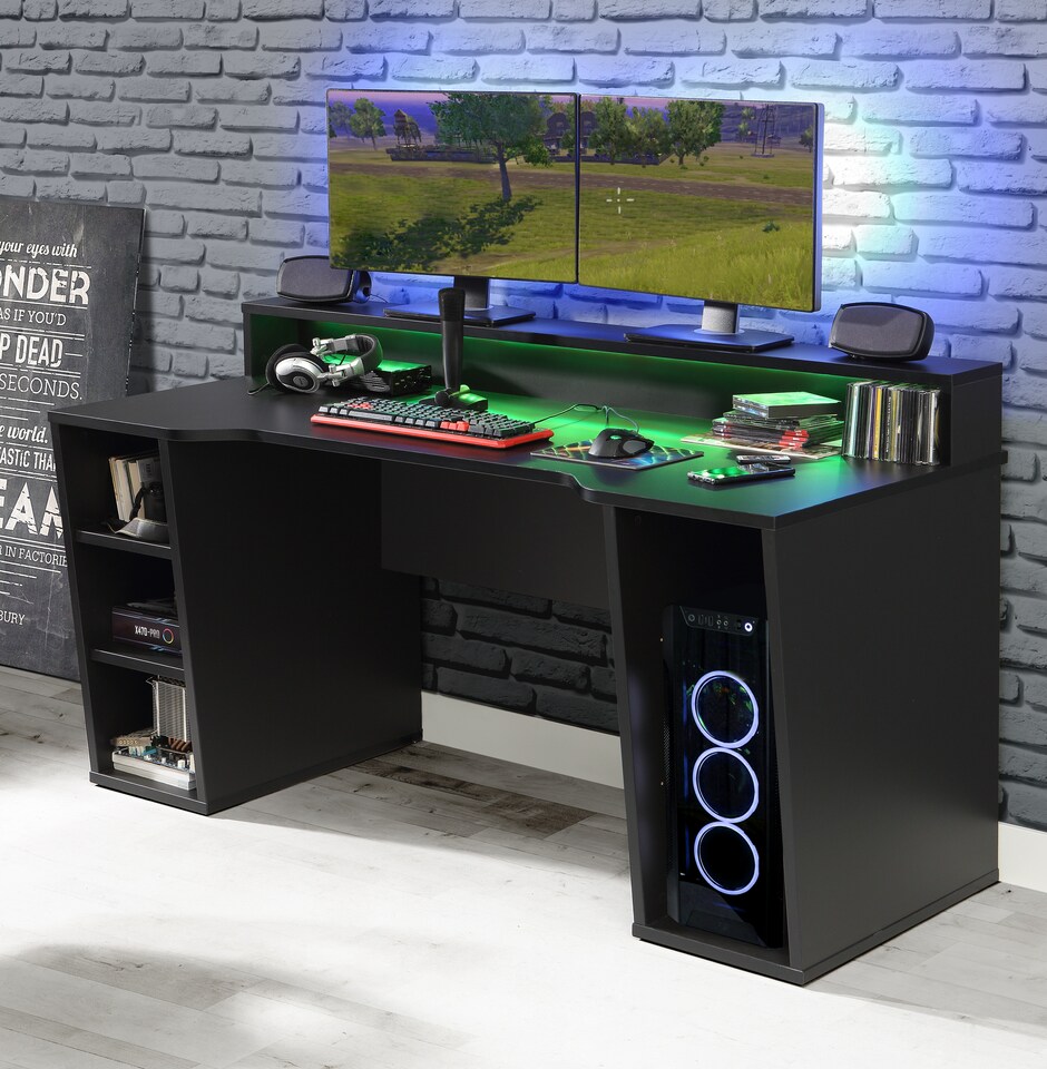 image 1 of Tezaur Black Gaming Desk 2 Shelves with Colour Changing LED