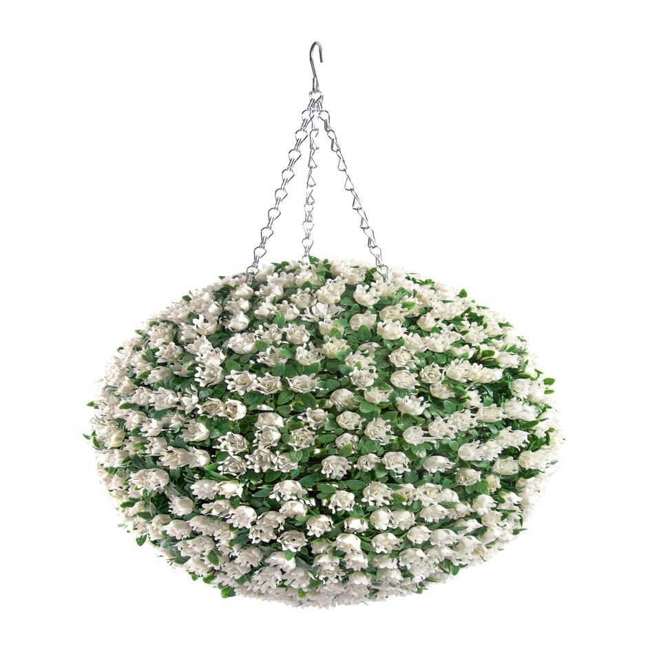Pair of Best Artificial 38cm White Ivory Rose Hanging Flower Topiary Ball - Suitable for Outdoor Use - Weather & Fade Resistant