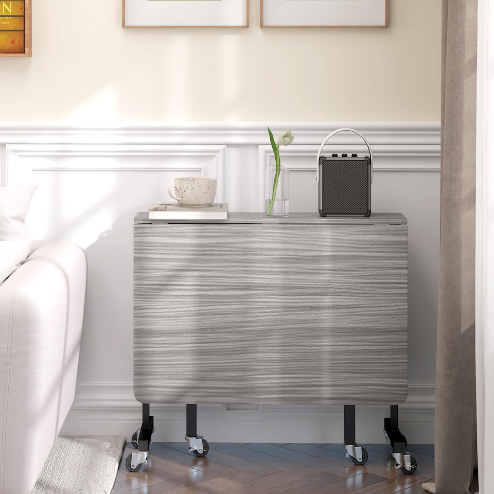 image 1 of HOMCOM Mobile Drop Leaf Table, Folding Dining Table with 6 Wheels & Brakes, Kitchen Table for Small Spaces, Grey | Grey