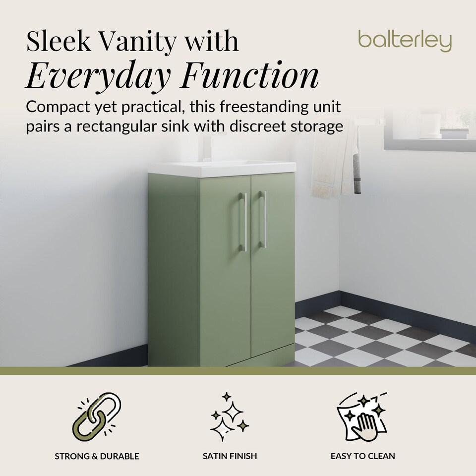 image 1 of Balterley Level Compact Bathroom Cloakroom Vanity Basin Unit with Ceramic Basin, Handles | Green | Satin Green