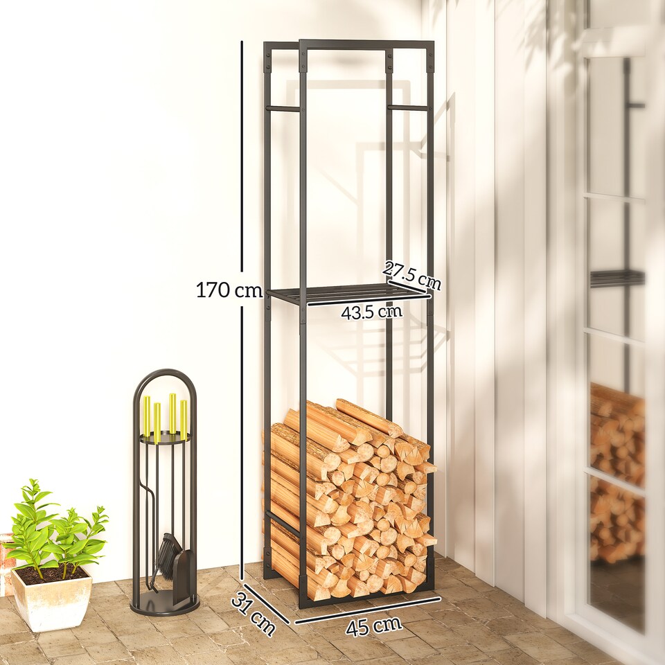 image 1 of Outsunny Metal Firewood Log Holder, Heavy Duty Firewood Rack with Adjustable Shelf, Indoor Outdoor Fireplace Wood Storage Shelf, 45 x 31 x 170 cm, Black