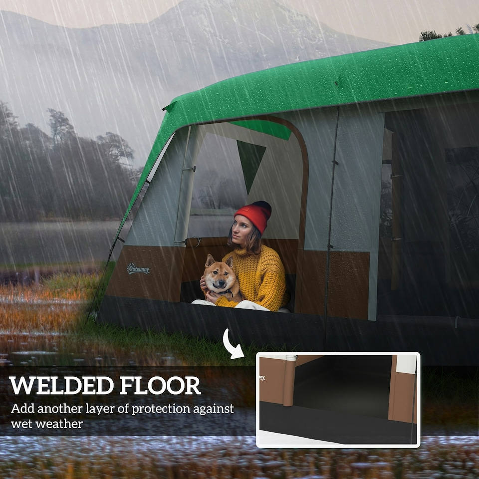 image 1 of Outsunny Camping Tent with 3000mm Waterproof Rainfly & Screen Panels, Green