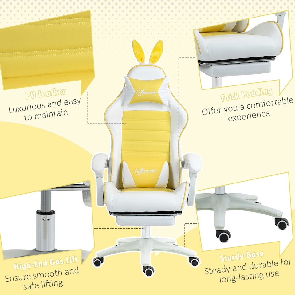 image 1 of Vinsetto Racing Style Gaming Chair with Footrest Removable Rabbit Ears, Yellow
