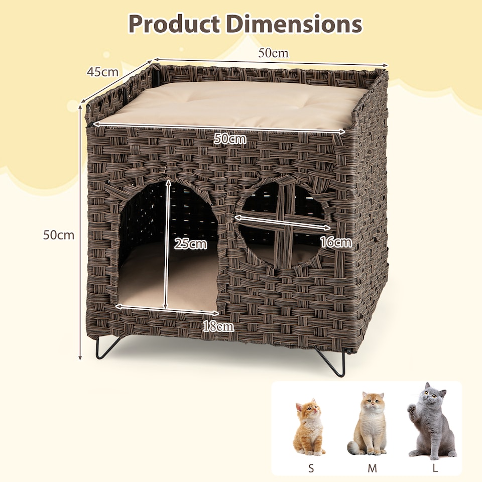 image 1 of COSTWAY Foldable 2-tier Rattan Cat House Wicker Kitten Condo With  Elevated Perch