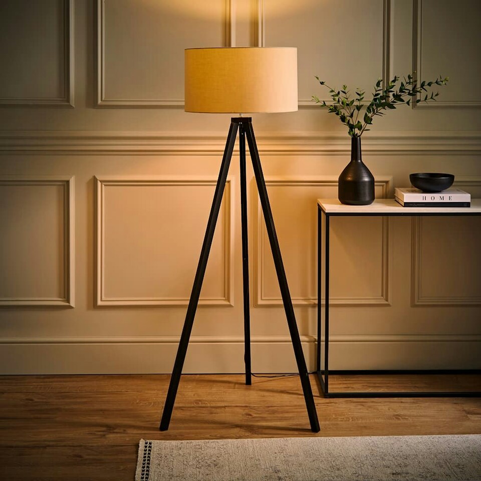 image 1 of ValueLights Barbro Black Tripod Floor Lamp Natural Shade Cream