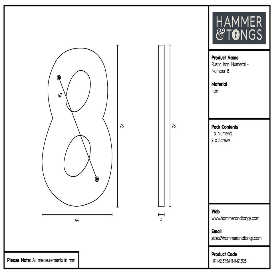image 1 of Hammer & Tongs Rustic Iron Numeral - Number 8 - H80mm - Raw