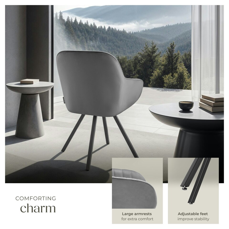 image 1 of Lounge Armchair Living Room Accent Chair 360 Swivel Slim Steel Legs Velvet Fabric - Set of 4 Grey