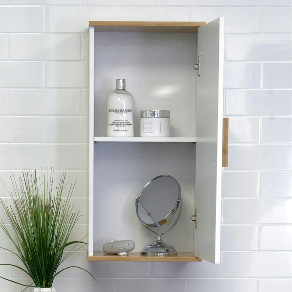 image 1 of Showerdrape Nola Matt White & Bamboo Single Wall Bathroom Cabinet