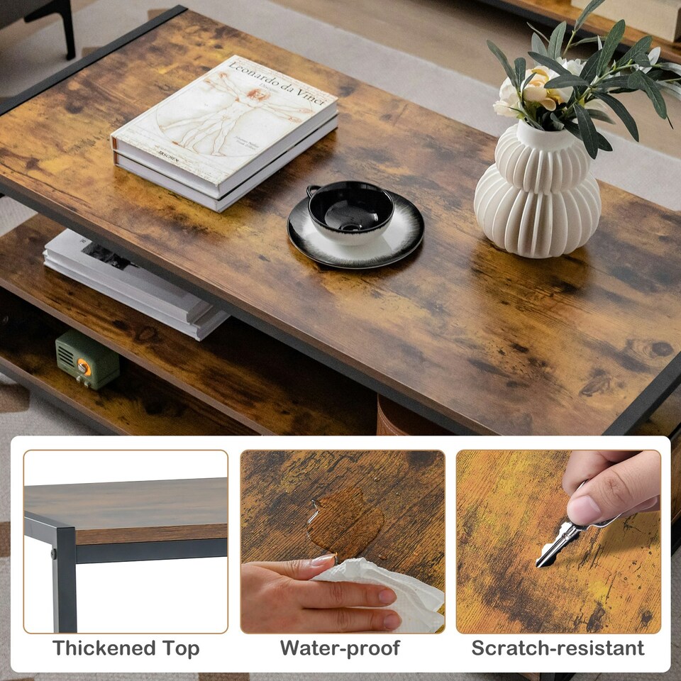 image 1 of COSTWAY Industrial Coffee Table Wooden Center Table with 2 Drawers | Brown