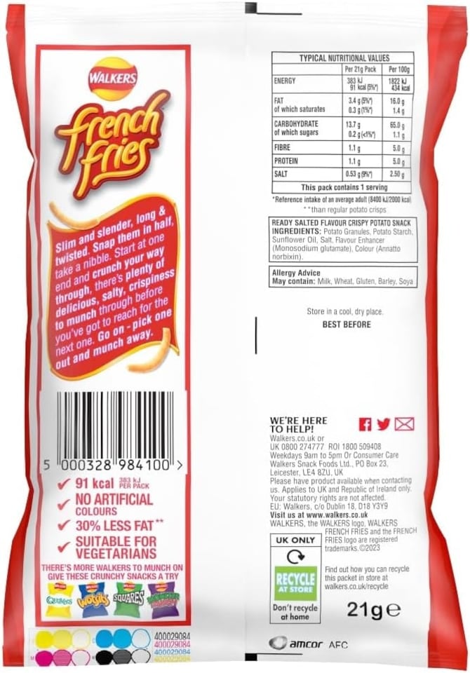 image 1 of Walkers French Fries Ready Salted Snacks Crisps 21g (Case of 32)