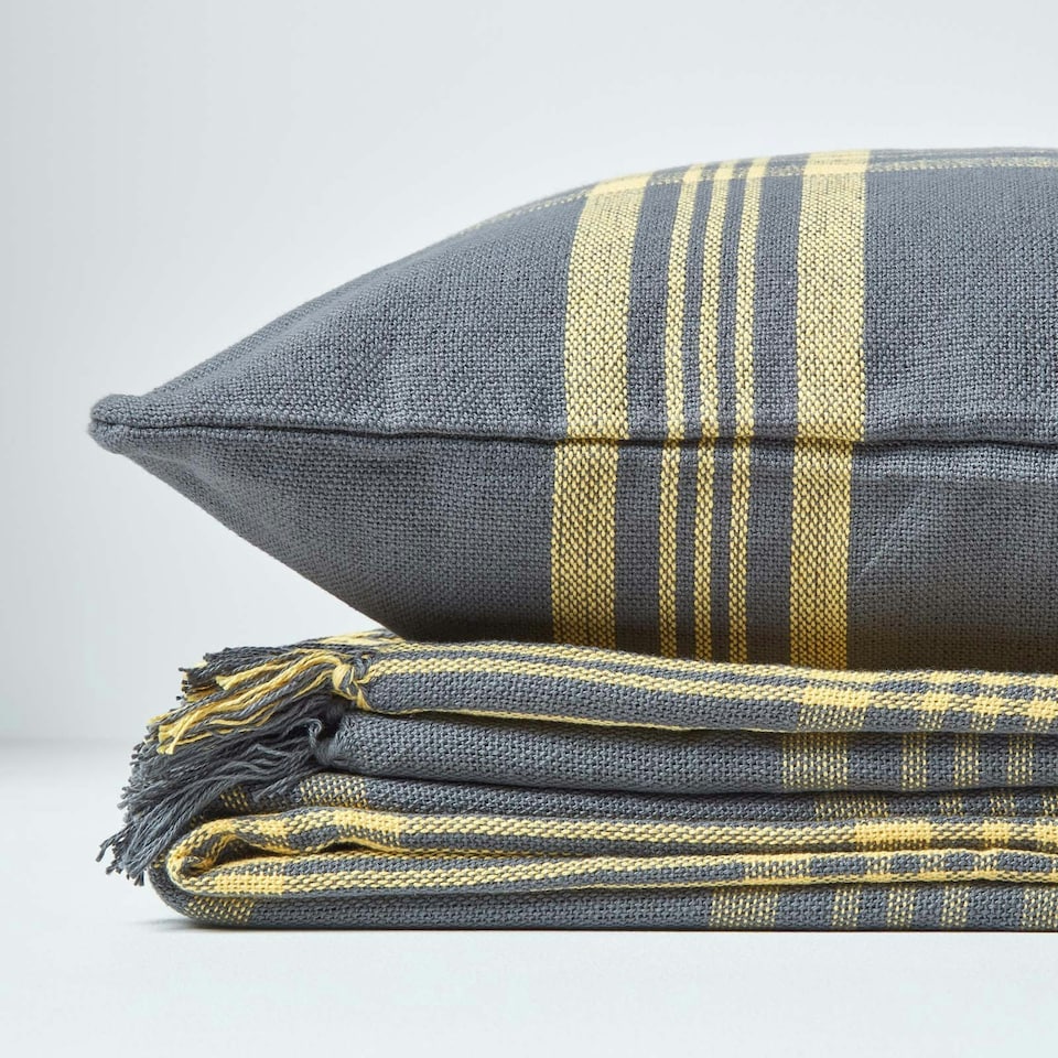 image 1 of Homescapes Grey and Yellow Tartan Check Sofa and Bed Throw - 255 x 360 cm | Grey