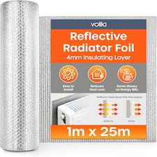 Radiator Foil Insulation Roll Reflector Panels - Energy Saving Radiator Heat Deflector for Home Heating | Silver | 1m x 25m - Roll | 1