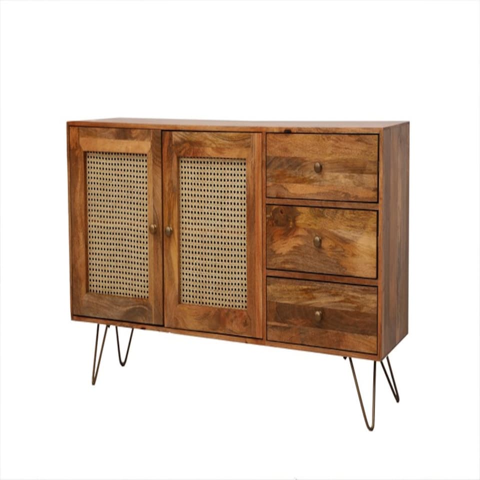 image 1 of Nyack Large Sideboard - Mango Wood/Iron - L40 x W145 x H80 cm - Light Brown with Natural Rattan - Assembly Required | Brown