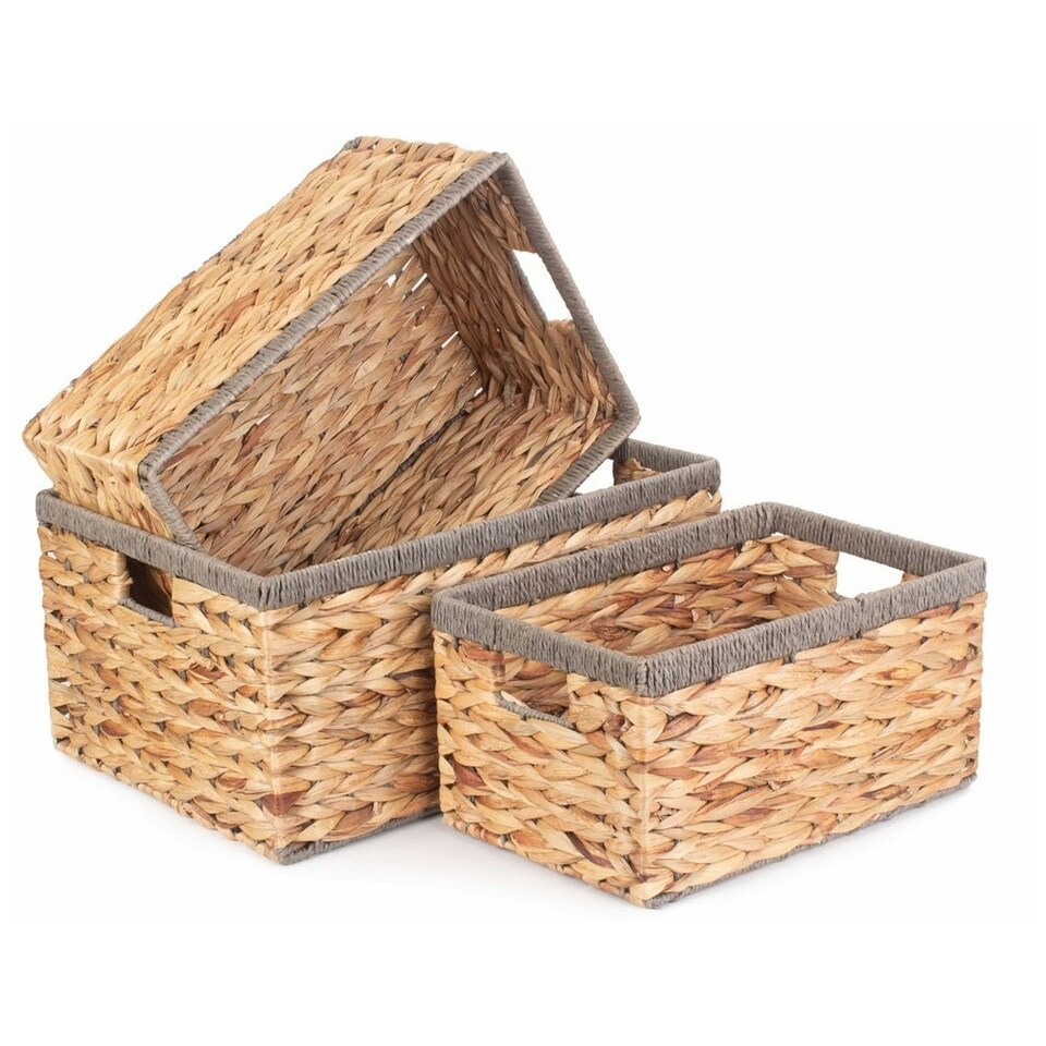 image 1 of Small Water Hyacinth With Grey Rope Border Rectangular Storage Basket | Brown | Brown