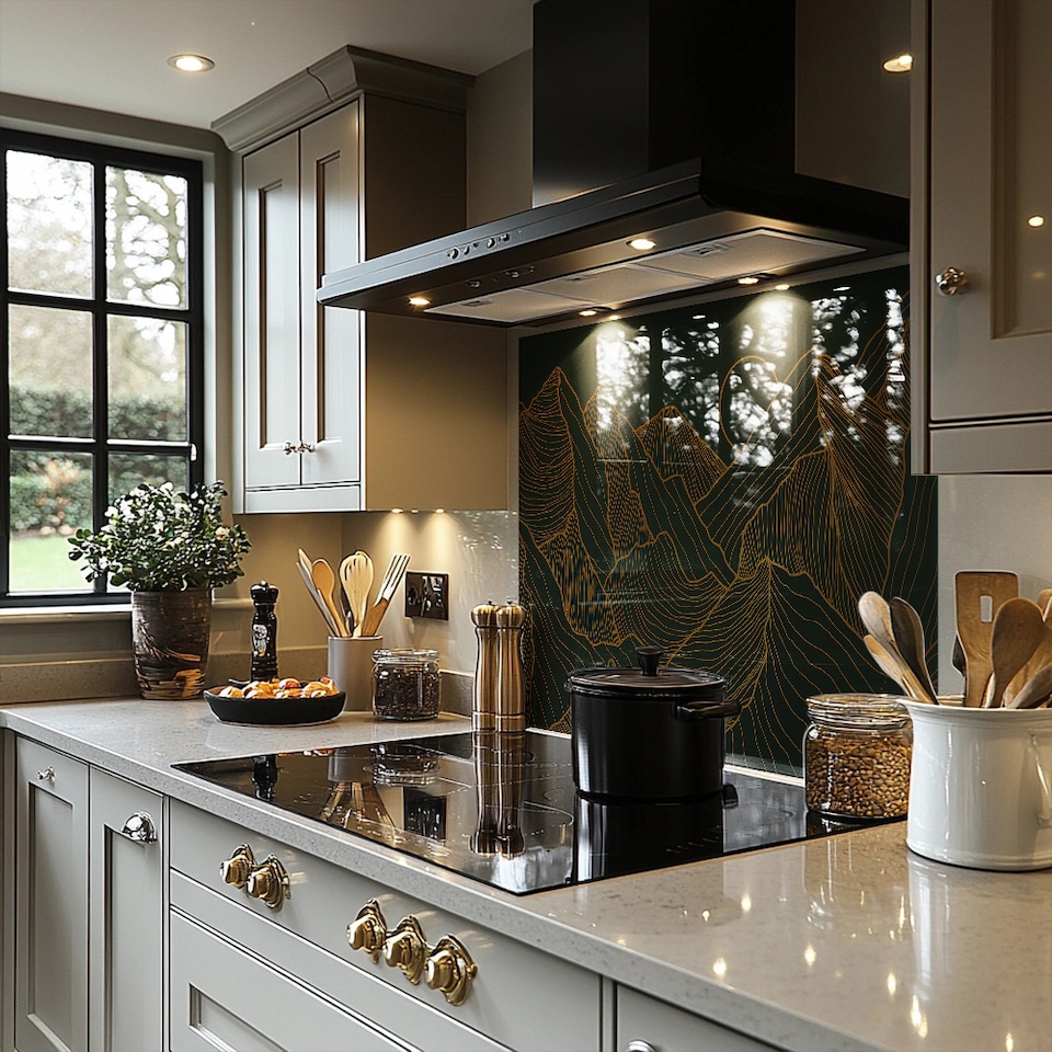 image 1 of Golden mountain line art Designer Splash Back | White
