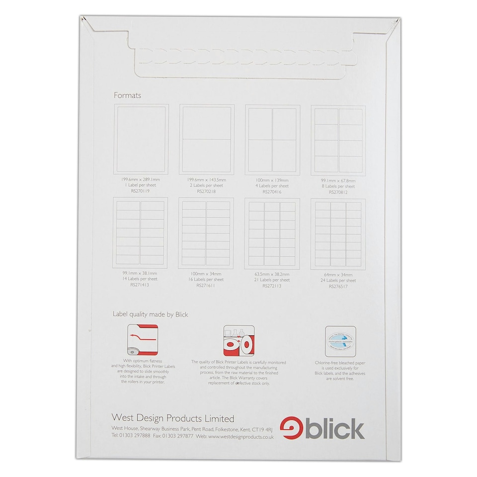 image 1 of Blick 12 Per Sheet 100 Sheets, 63.5mm x 72mm, Rectangular, White, 1200 Labels