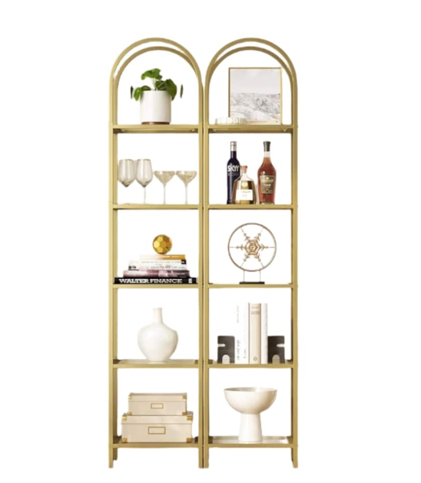image 1 of 5-Tier Tempered Glass Shelf Unit, Arched Display Rack, Metallic Gold Frame 183.5 cm