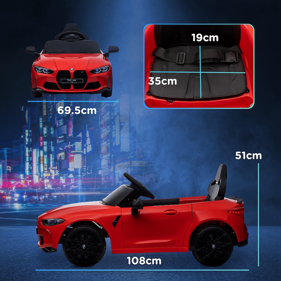 image 1 of AIYAPLAY BMW M4 Licensed Electric Car for Kids, 12V Kids Electric Ride on with Remote Control, Suspension, Music, Horn, LED Lights, for Ages 3-5 Years, Red