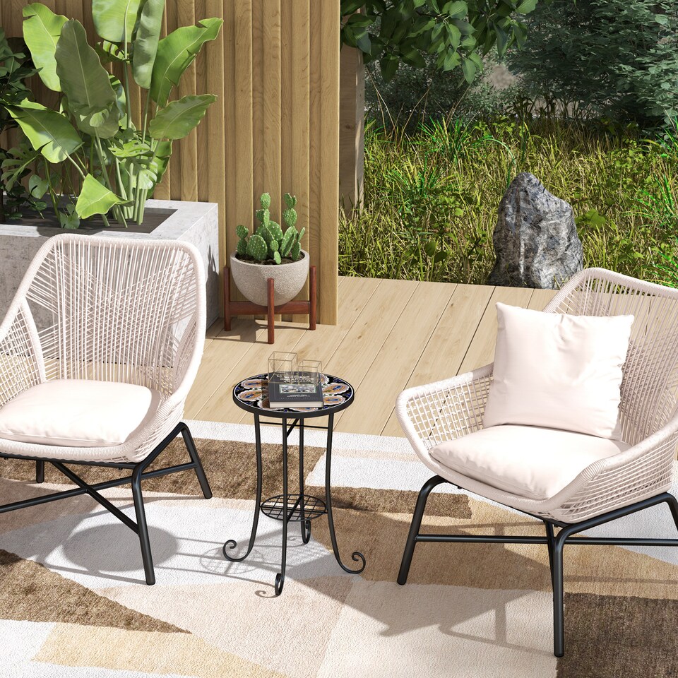 image 1 of Outsunny Mosaic Garden Table, 35.5 cm Round Outdoor Table with Shelf, Ceramic Tile Top, Small Garden Side Table Bistro Table End Table Plant Stand for Indoor, Patio, Balcony, Orange | Orange | Orange