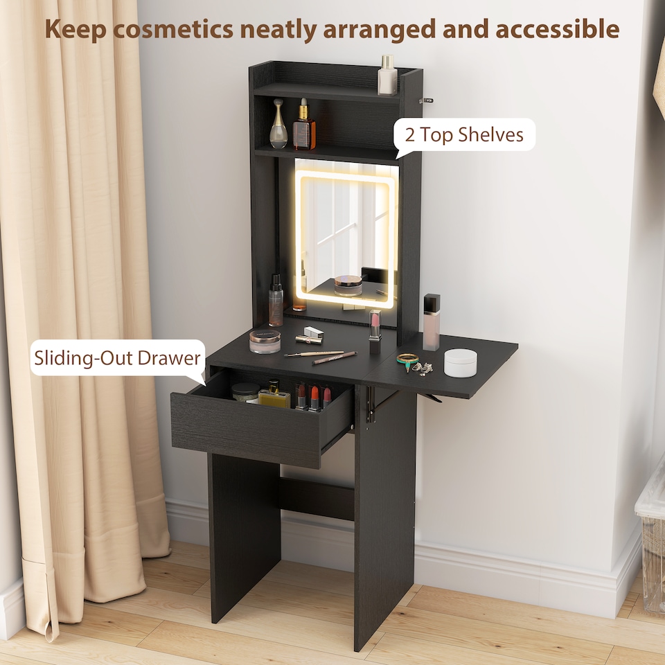 image 1 of HOMCOM Compact Dressing Table with Lighted Mirror Open Shelves Drawer | Black