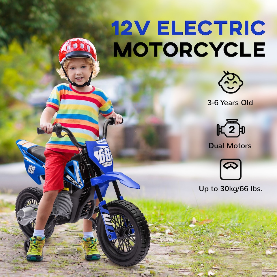 image 1 of AIYAPLAY 12V Kids Electric Motorbike, Kids Electric Ride on Motorcycle, Battery Powered Toy with Twist Grip Throttle, Training Wheels, Suspension System, Music, Blue