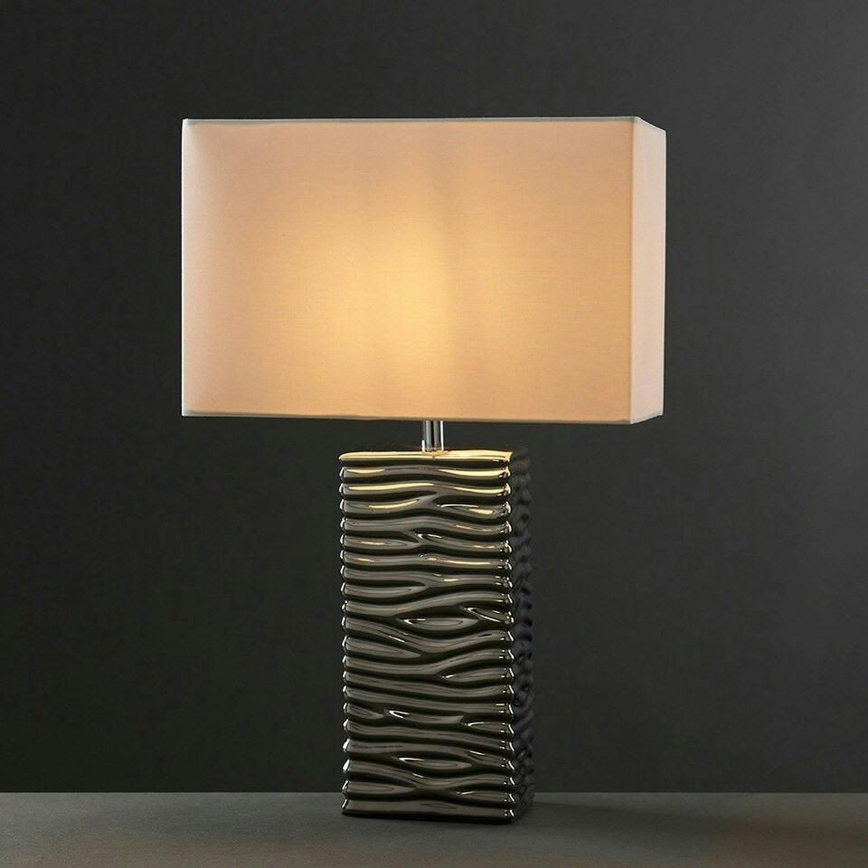 image 1 of ValueLights Pair Of Modern Silver Ripple Effect Ceramic Table Lamps With White Light Shades