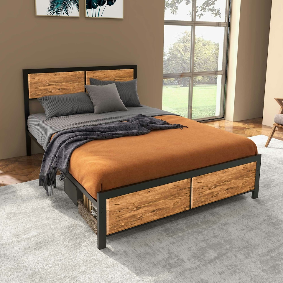 image 1 of HOMCOM Double Size Bed Frame, Steel Base w/ Headboard, 141.5 x 195cm