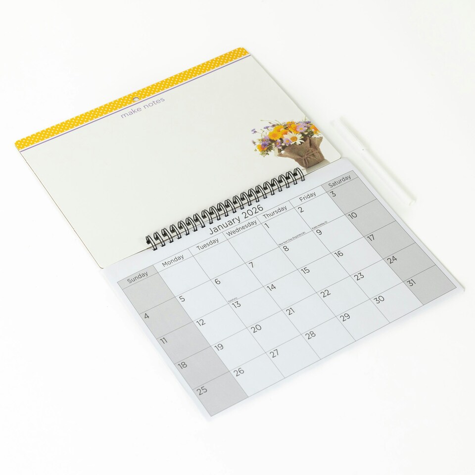 image 1 of 2026 Monthly Memo Board Calendar & Pen Flowers Design