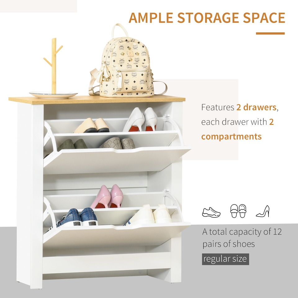 image 1 of HOMCOM 12-Shoe Storage Cabinet 4 Shelves 2 Drawers Tabletop 4 Legs Modern White