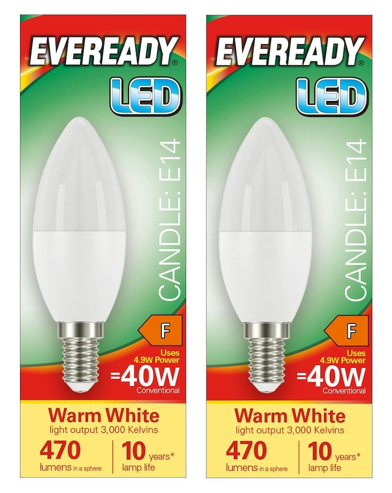 image 1 of Eveready LED Candle E14 (SES) 470lm 4.9W 3000K (Warm White)  - Pack of 2 | Yellow | Warm white | 6