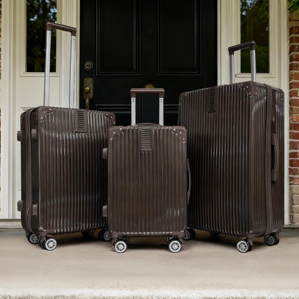 image 1 of OHS Metallic Effect Suitcase Set of 3 Hard Shell ABS Luggage | Brown