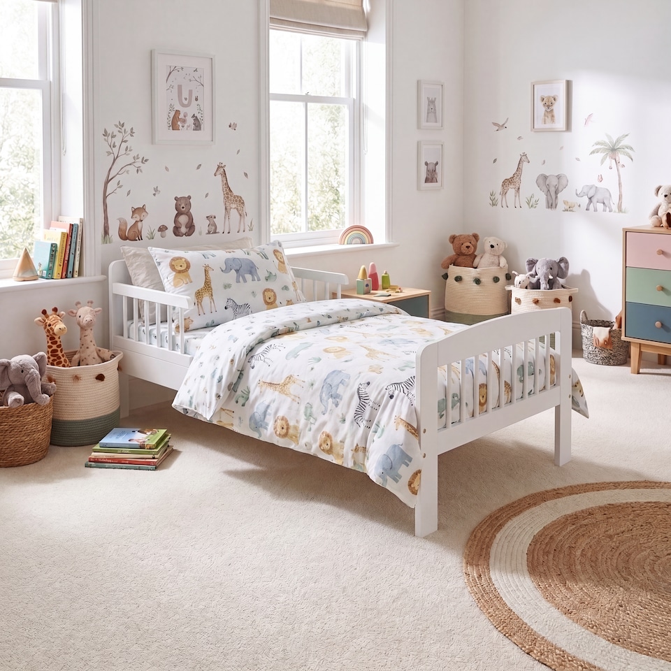 image 1 of Junior Vida Scorpio Toddler White Bed Frame With Side Rails - H 57 x W 75 x D 144 cm
