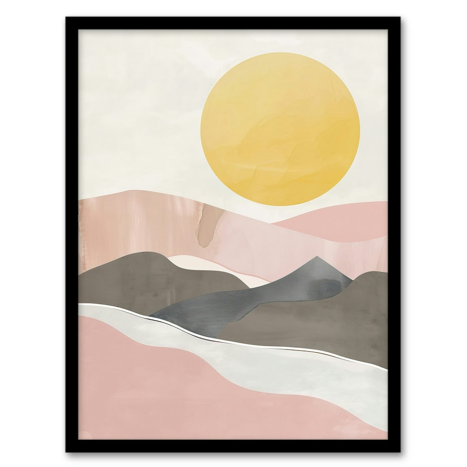 image 1 of Soft Pastel Pink Mountain Range Sun Boho Home Decor Black Framed Wall Art Print A4