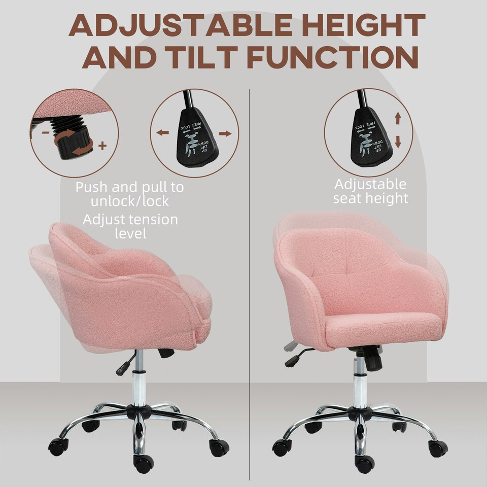 image 1 of HOMCOM Fluffy Vanity Chair for Desk, with Height Adjustable, Wheels, Pink | Pink | One Size