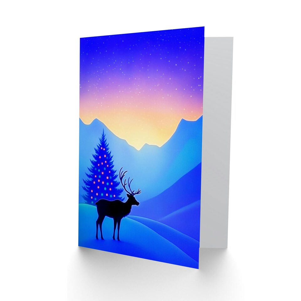 image 1 of Greeting Card Winter Wonderland Sunrise Reindeer Decorated Tree Blank For Him Or Her Art Xmas Christmas Card
