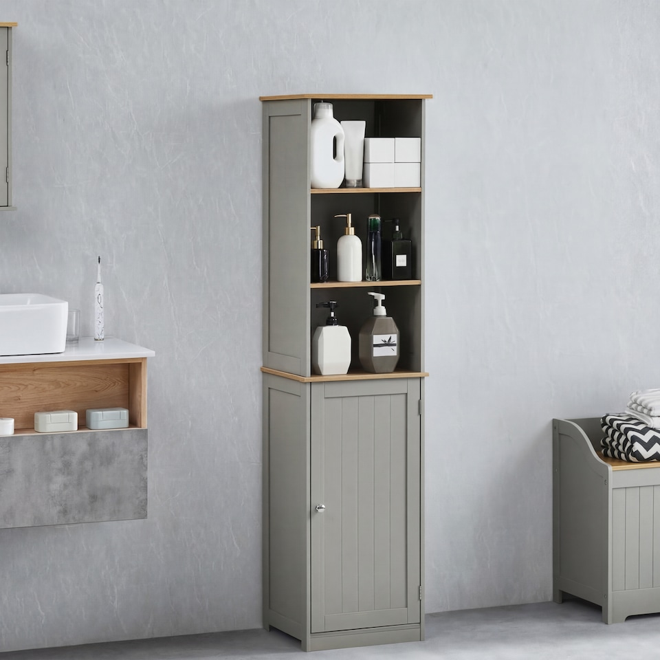image 1 of Bath Vida Priano 1 Door 2 Shelf Tall Bathroom Cabient, Grey & Oak