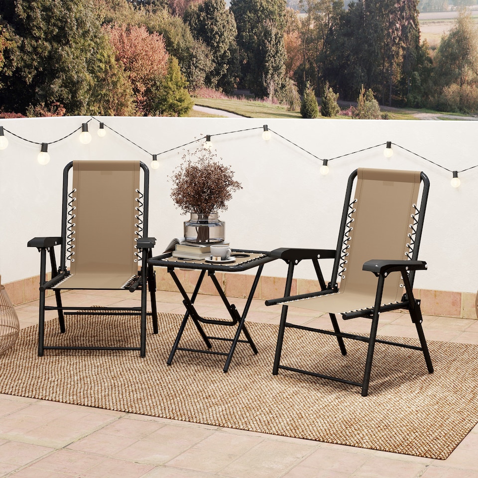 image 1 of Outsunny 3 Pieces Garden Bistro Set, Folding Table and Chairs Set, Metal Garden Furniture Set with Cup Holders for Outdoor, Patio, Balcony, Khaki | Brown