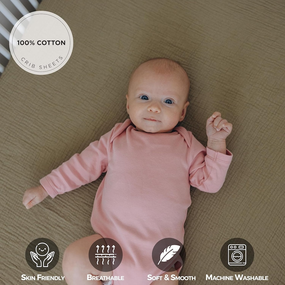 image 1 of MHG Living Muslin Cot Sheets - 100% Cotton Olive/Ecru Cot Sheets - 60x120