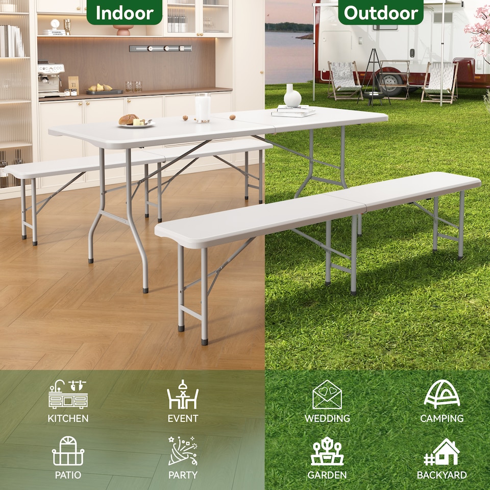 image 1 of 6ft Folding Table and benches heavy duty Indoor and Outdoor use Garden Camping Event Table White | White | White