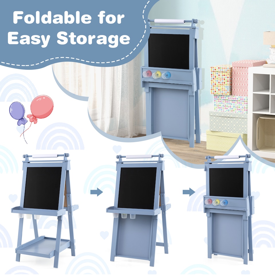 image 1 of COSTWAY Foldable Easel Kids 3-in-1 Double-sided Art Easel w/Chalkboard-Blue