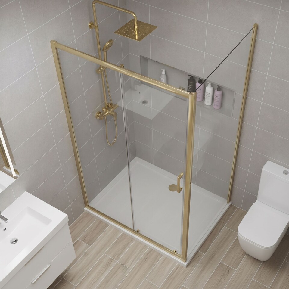 image 1 of Balterley Toughened Safety Glass Reversible Sliding Shower Door | Copper | Brushed Brass | 1
