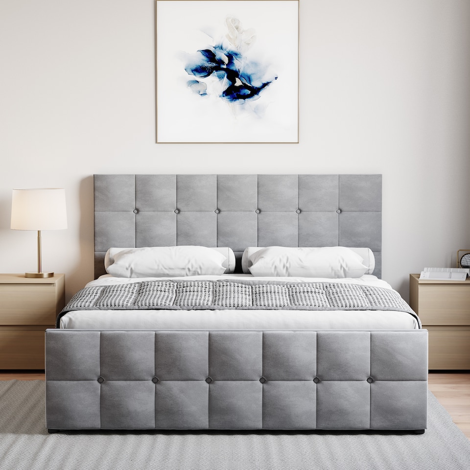 image 1 of Vida Designs Valentina 5ft King Size Ottoman Bed Storage Fabric Upholstered, Light Grey Velvet, 150 x 200cm