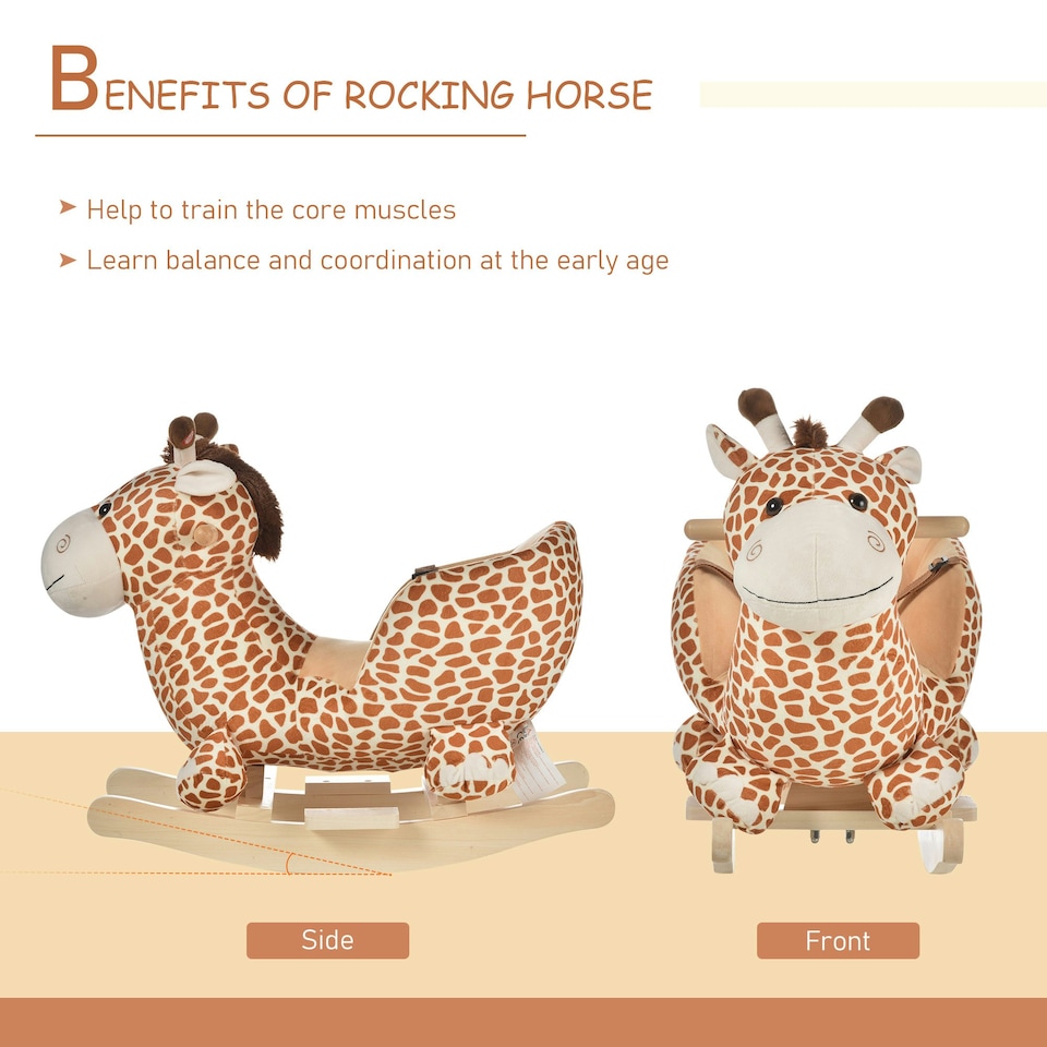 image 1 of HOMCOM Baby Rocking Horse Kids Ride on Giraffe Plush Toy W/ 32 Song Seat Belt