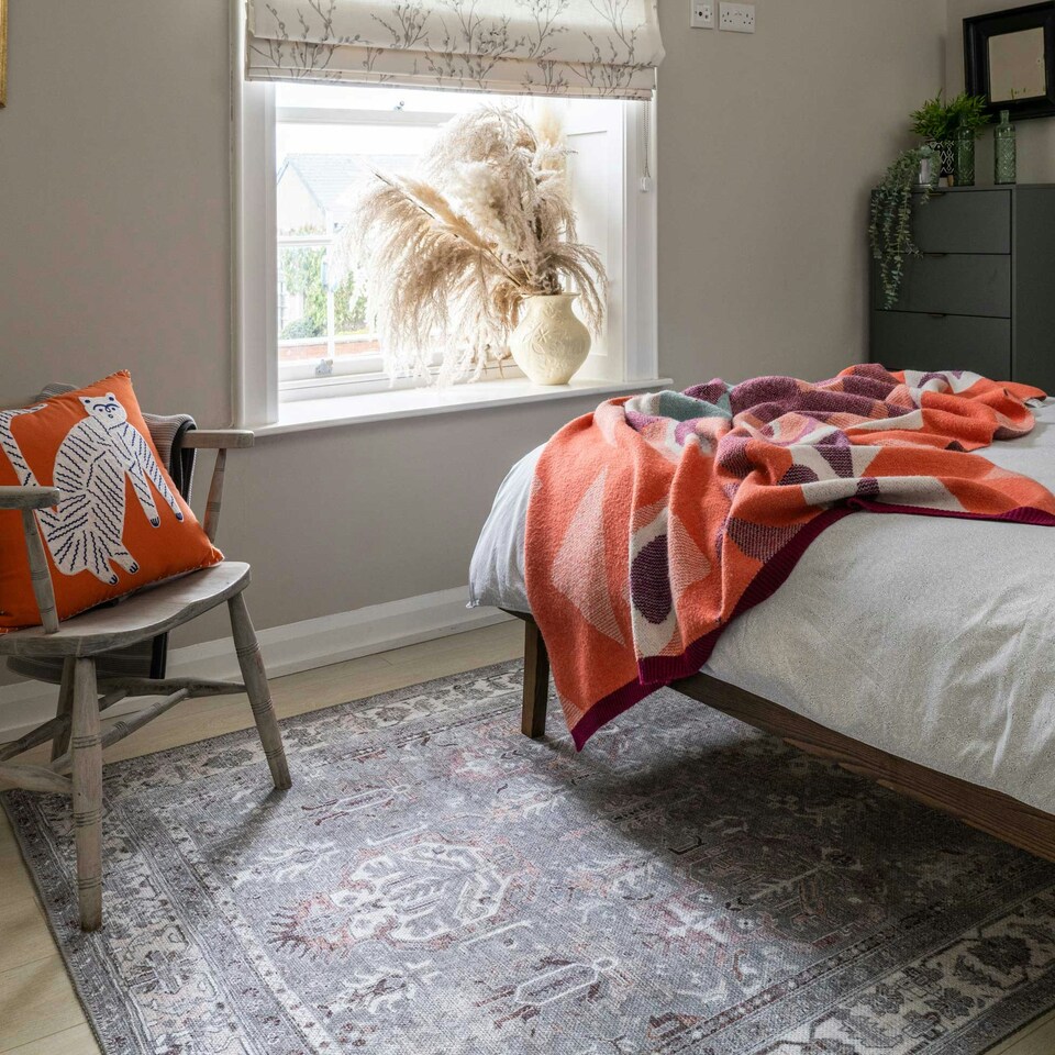 image 1 of KUKOON Greige Distressed Floral Medallion Non Slip Washable Low Pile Rug 80cm x 150cm