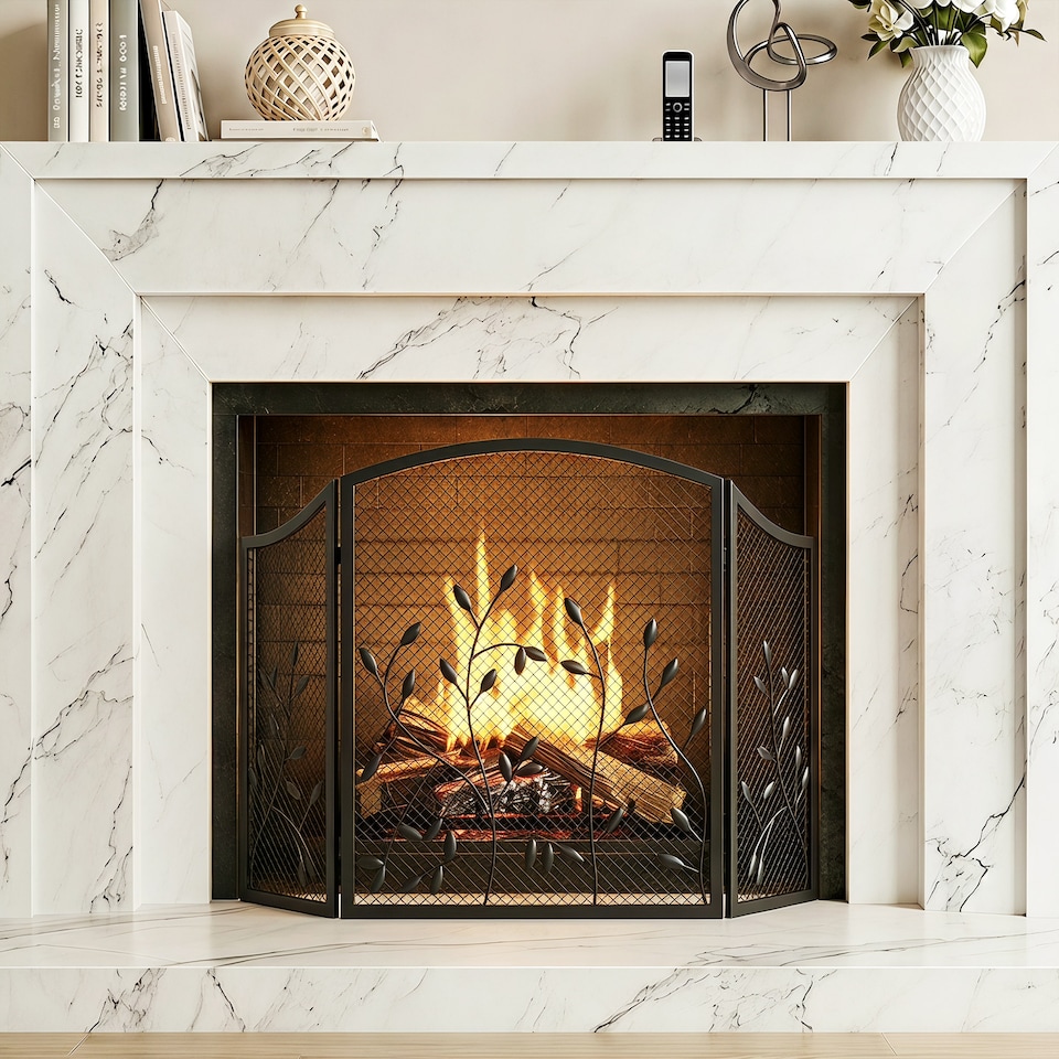 image 1 of HOMCOM 3-Panel Folding Fireplace Screen for Protection, Black